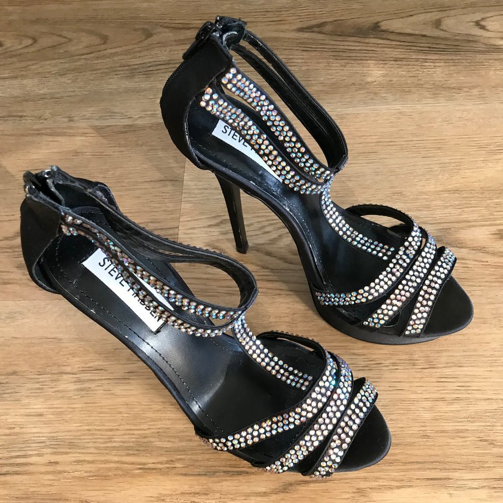 Steve Madden Showstopper black satin and rhinestone heels Size 7